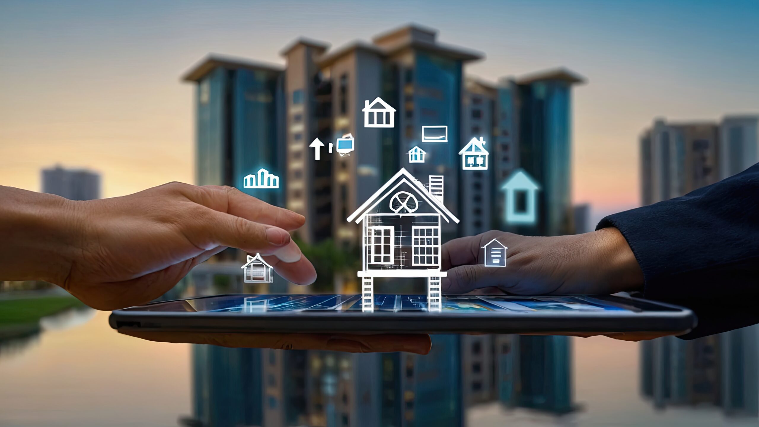 Hands interacting with digital home icons using an easy electronic signature app, highlighting the growing role of Esignature for Real Estate in modern property transactions.