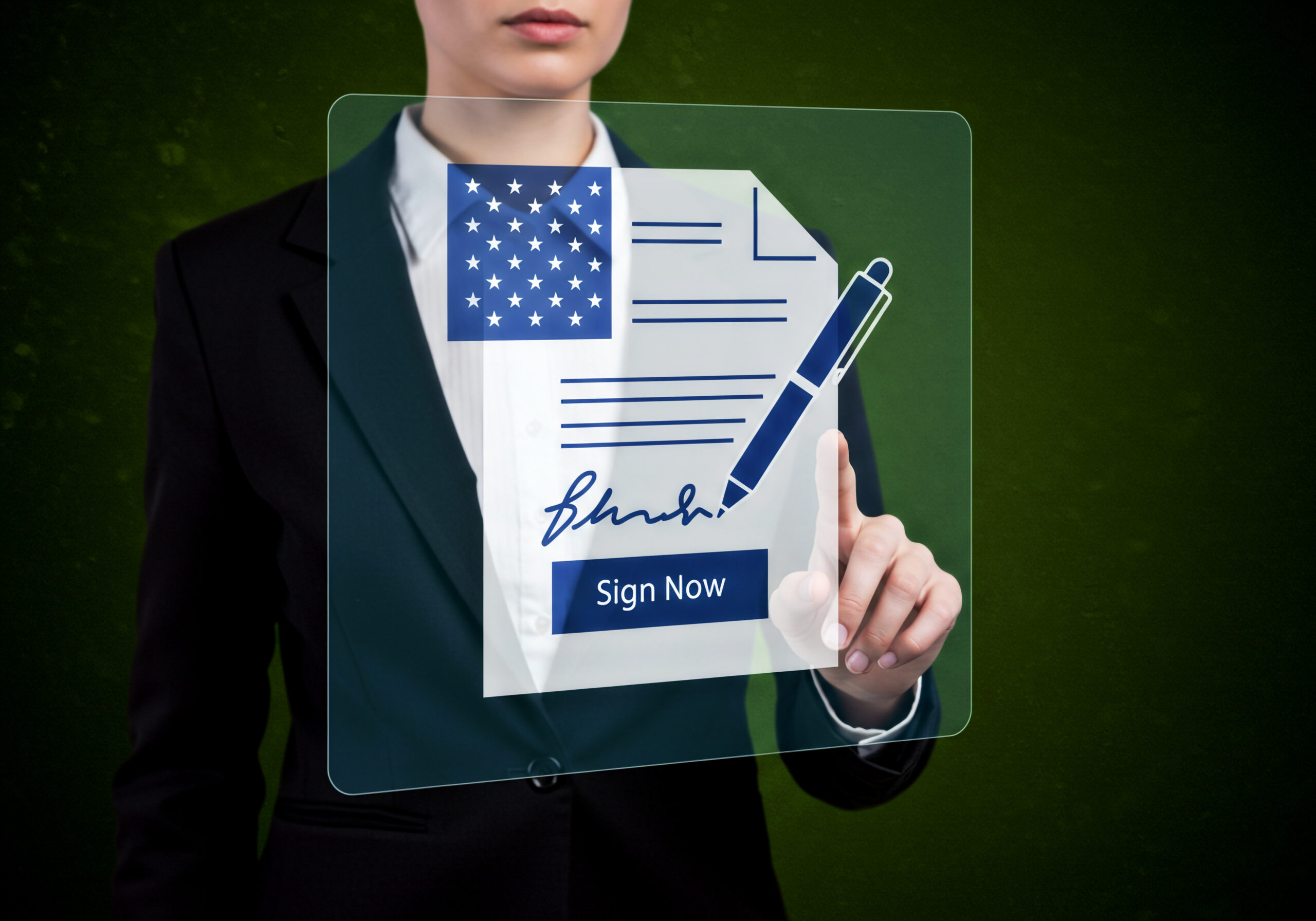Businesswoman selecting a digital form on a virtual screen, demonstrating the use of Electronic Signatures for secure electronic contract signing in the U.S.