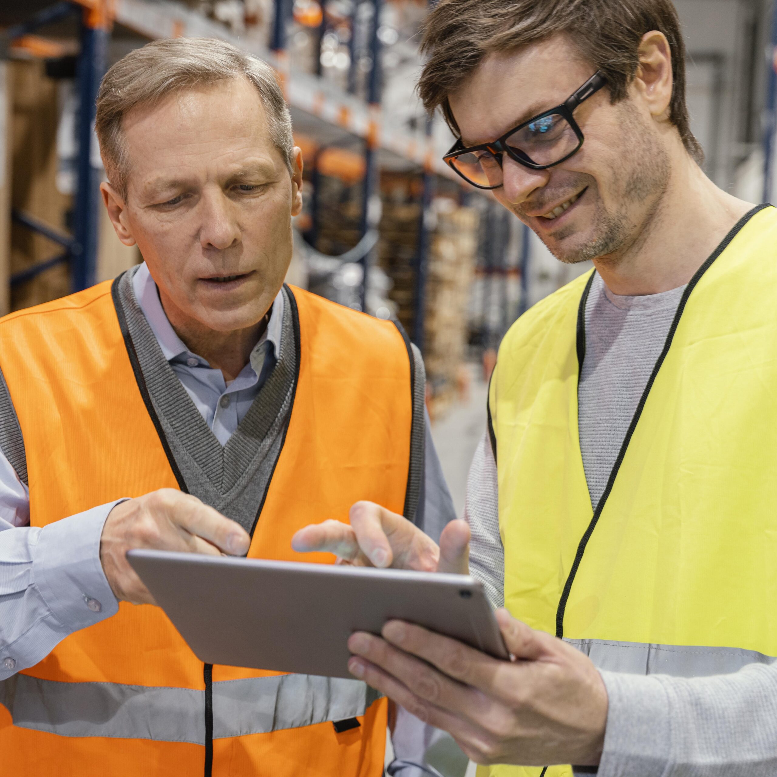 Two warehouse workers in high-visibility safety vests, one orange and one yellow, reviewing information together on a tablet in a distribution center with storage racks in the background