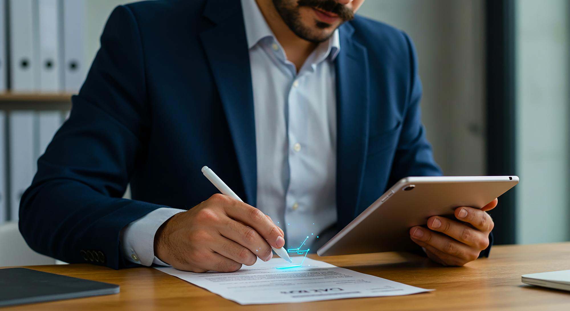 Business professional in navy blazer signing digital document with stylus pen while holding tablet, with glowing signature effect on paper