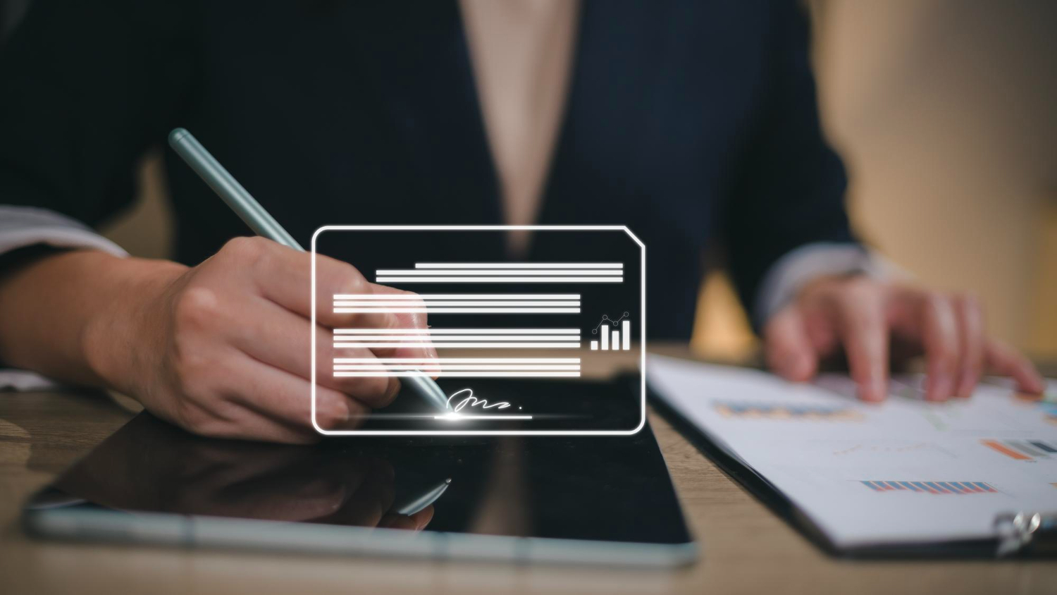 Business professional signing a digital contract on a tablet using electronic signature technology for secure document management in 2025
