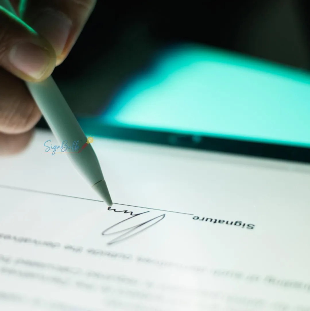 User signing a digital document on a tablet using electronic signature software to create online signature securely.