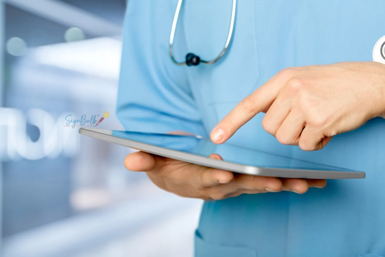 Healthcare professional using an eSignature app for healthcare to securely access records and create an online signature with an e signature tool.