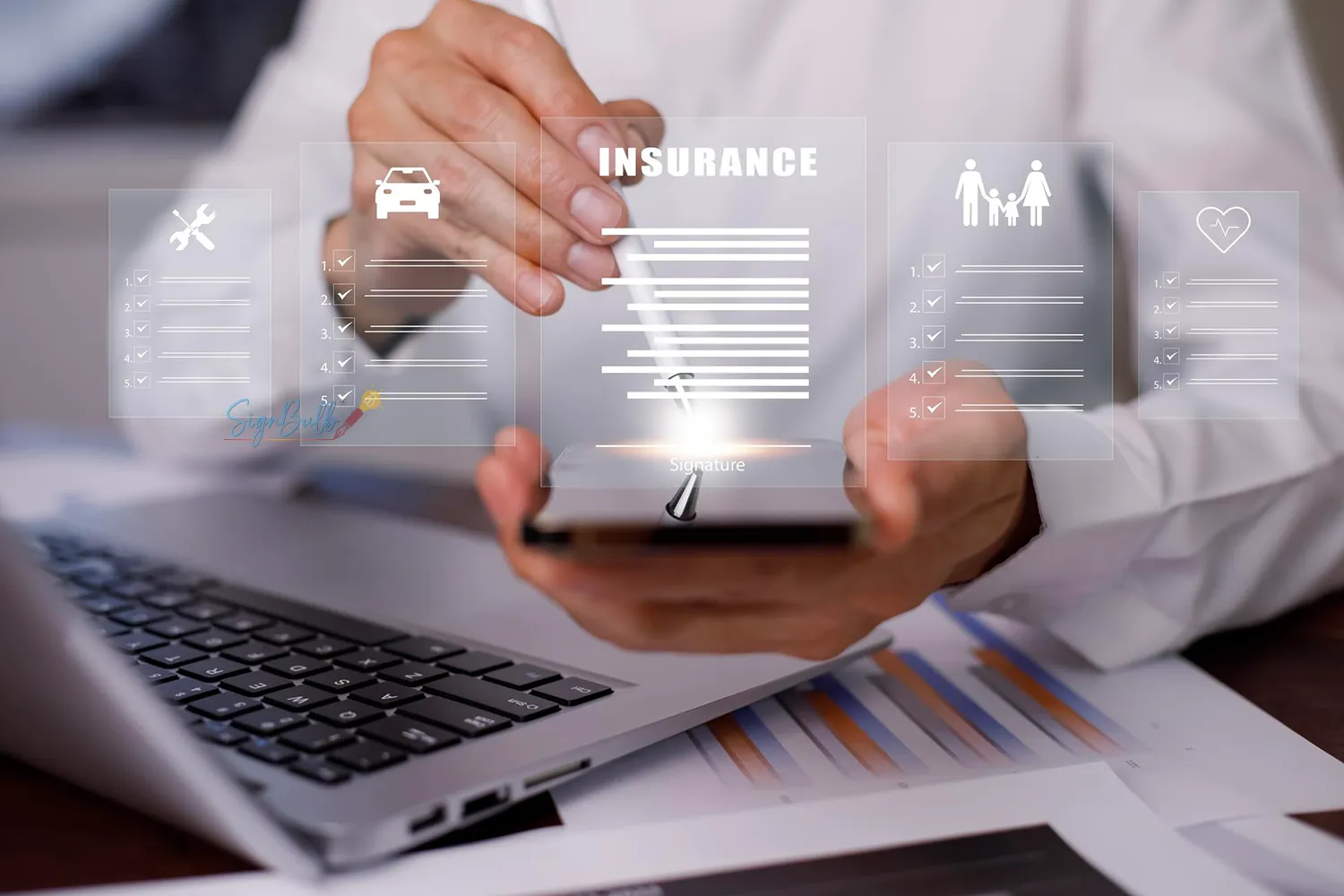 A professional signing digital insurance documents on a tablet with virtual icons for auto, family, and health insurance, symbolizing how businesses can sign documents online using eSignatures to improve efficiency, security, and compliance in the financial and insurance industries.