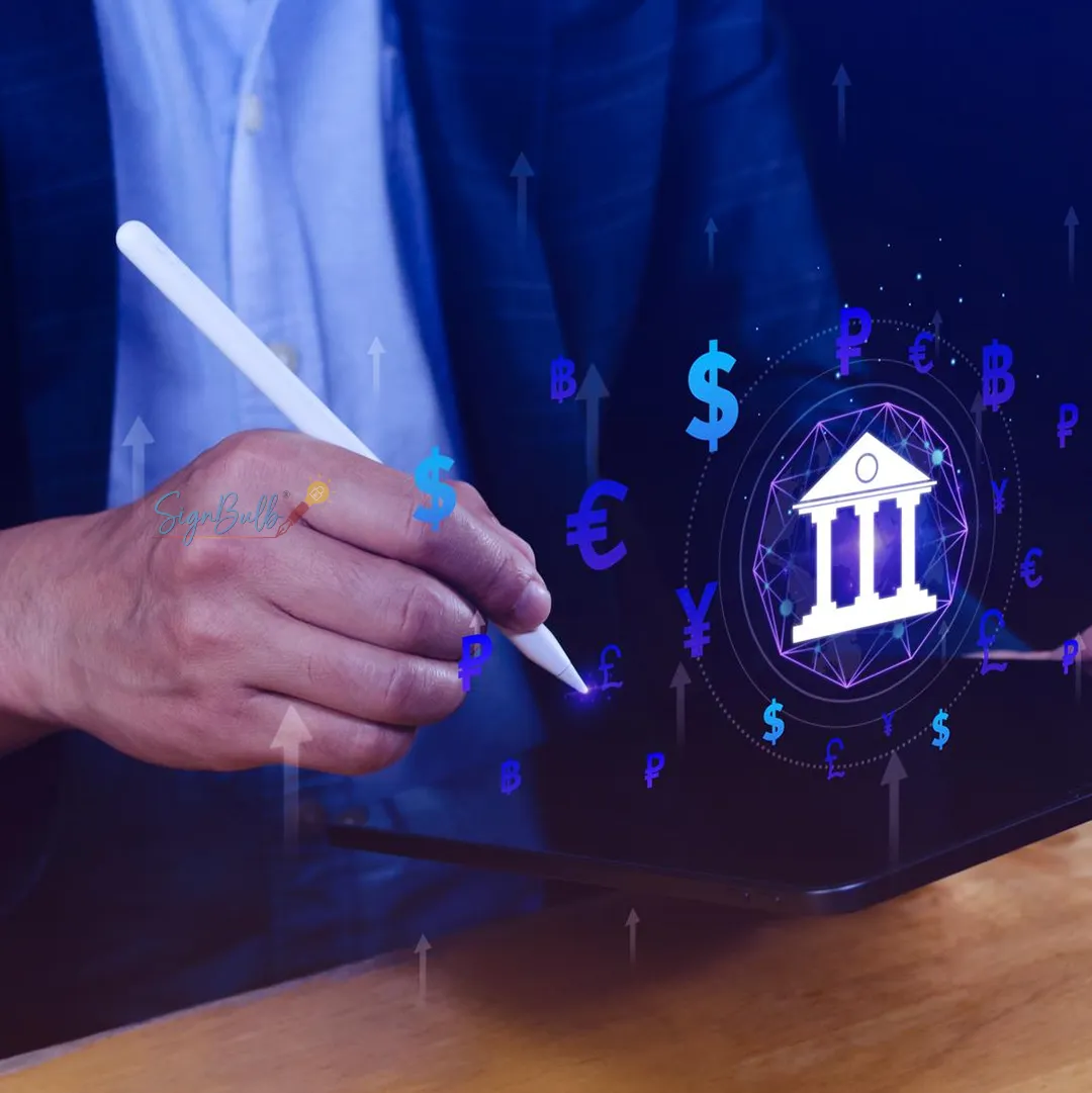 A professional using a stylus on a tablet with digital banking icons and currency symbols, representing the integration of eSignatures in financial and insurance sectors for improved ROI and efficiency.