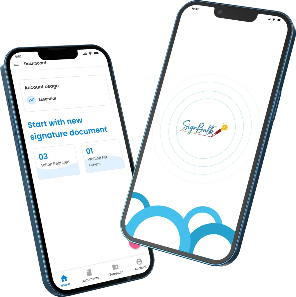 Two smartphones displaying the SignBulb mobile eSignature app interface, showing the dashboard with sections labeled “Action Required” and “Waiting for Others,” where users can track pending and completed document signatures demonstrating the convenience of managing digital signatures through SignBulb’s secure mobile platform.